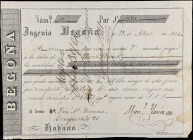 CUBA. Ingenio Begona. 480 Pesos, 1864. P-Unlisted. Fine.
Pinholes. Staining. Internal tears. Tears. Ink burns.
Estimate: $175.00-$350.00