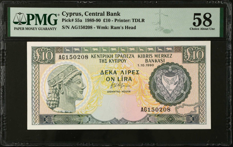 CYPRUS. Central Bank of Cyprus. 10 Pounds, 1989-90. P-55a. PMG Choice About Unci...