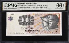 DENMARK. Danmarks Nationalbank. 1000 Kroner, 2004. P-64a. PMG Gem Uncirculated 66 EPQ.
Estimate: $300.00-$400.00