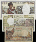 DJIBOUTI. Lot of (3). Republique de Djibouti. 500, 5000, & 10,000 Francs, ND (1979-88). P-36a, 38c, & 39a. Fine to Very Fine.
SOLD AS IS/NO RETURNS. ...