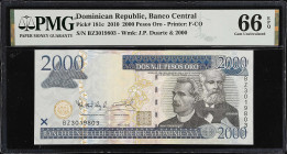 DOMINICAN REPUBLIC. Banco Central de la Republica Dominicana. 2000 Pesos Oro, 2010. P-181c. PMG Gem Uncirculated 66 EPQ.
Estimate: $125.00-$175.00
