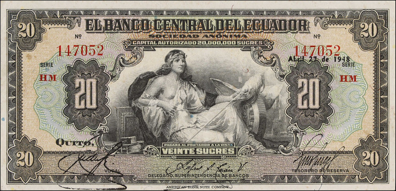 ECUADOR. Banco Central Del Ecuador. 20 Sucres, 1948. P-93e. Extremely Fine.
Elu...