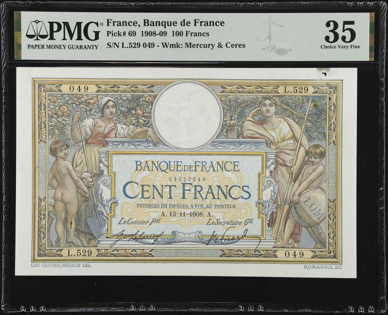 FRANCE. Banque de France. 100 Francs, 1908-09. P-69. PMG Choice Very Fine 35.
W...