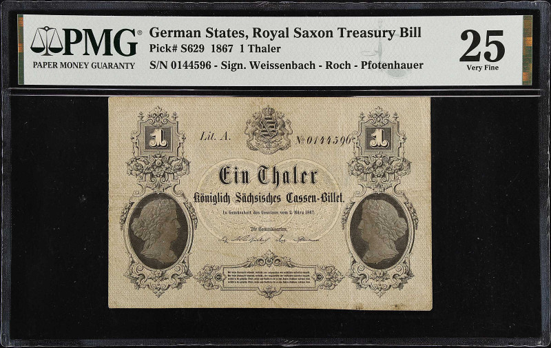 GERMAN STATES. Royal Saxon Treasury Bill. 1 Thaler, 1867. P-S629. PMG Very Fine ...