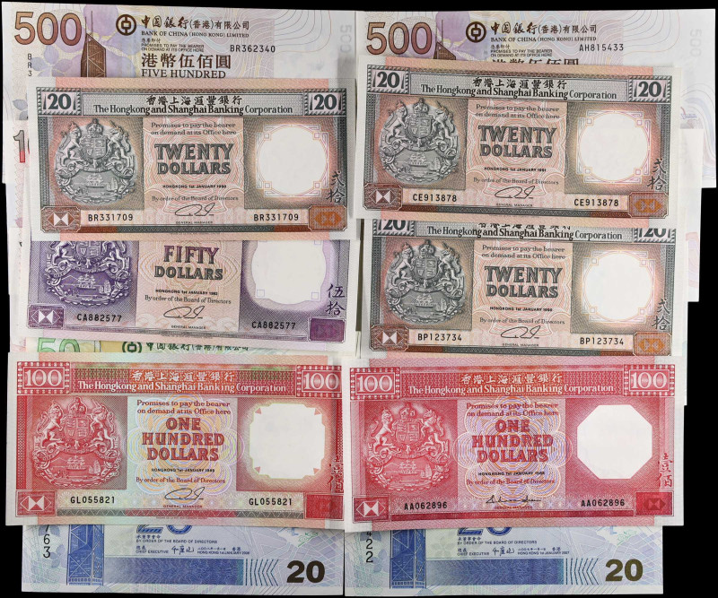 HONG KONG. Lot of (16). Mixed Banks. 20, 50, 100 & 500 Dollars, 1985-2008. P-193...