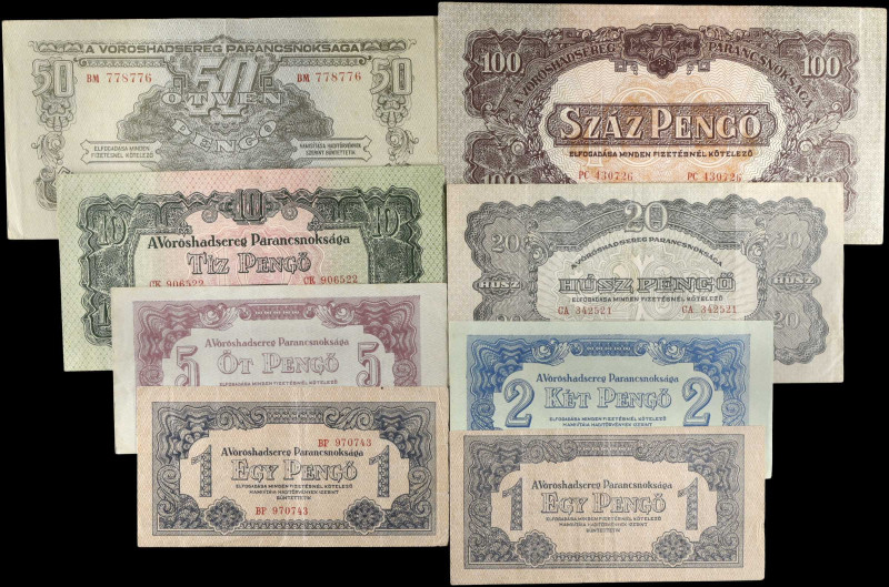 HUNGARY. Lot of (8). A Voroshadsereg Parancsnoksaga. 1 to 100 Pengo, 1944. P-M1 ...