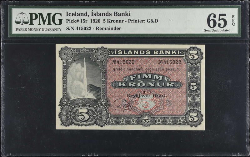 ICELAND. Islands Banki. 5 Krónur, 1920. P-15r. Remainder. PMG Gem Uncirculated 6...