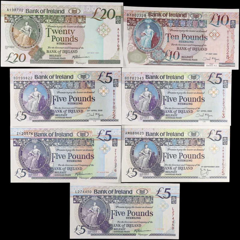 IRELAND, NORTHERN. Lot of (7). Bank of Ireland. 5, 10 & 20 Pounds, 1990-2008. P-...