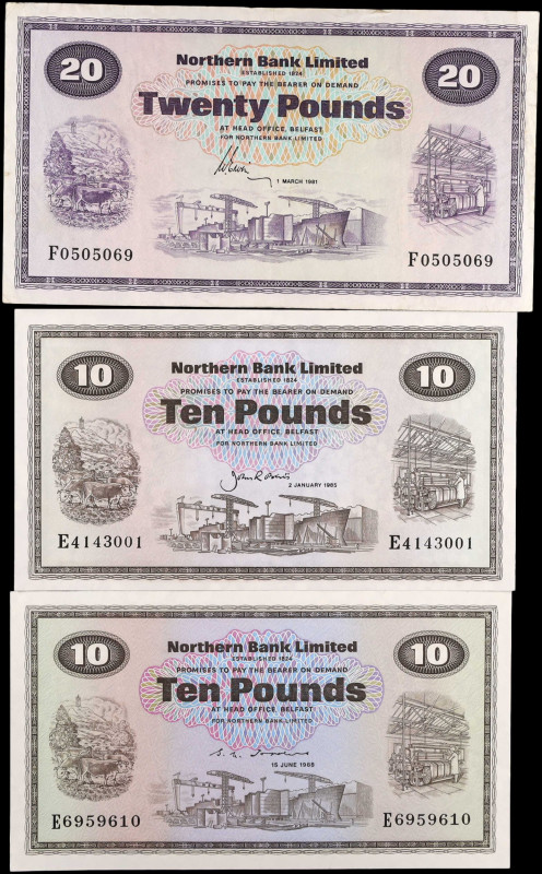 IRELAND, NORTHERN. Lot of (3). Northern Bank Limited. 10 & 20 Pounds, 1981-88. P...