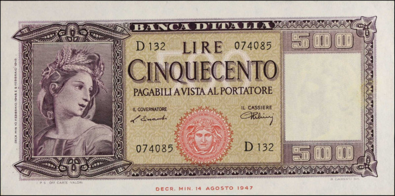 ITALY. Banca d'Italia. 500 Lire, 1948. P-80a. About Uncirculated.
Toning. Mount...