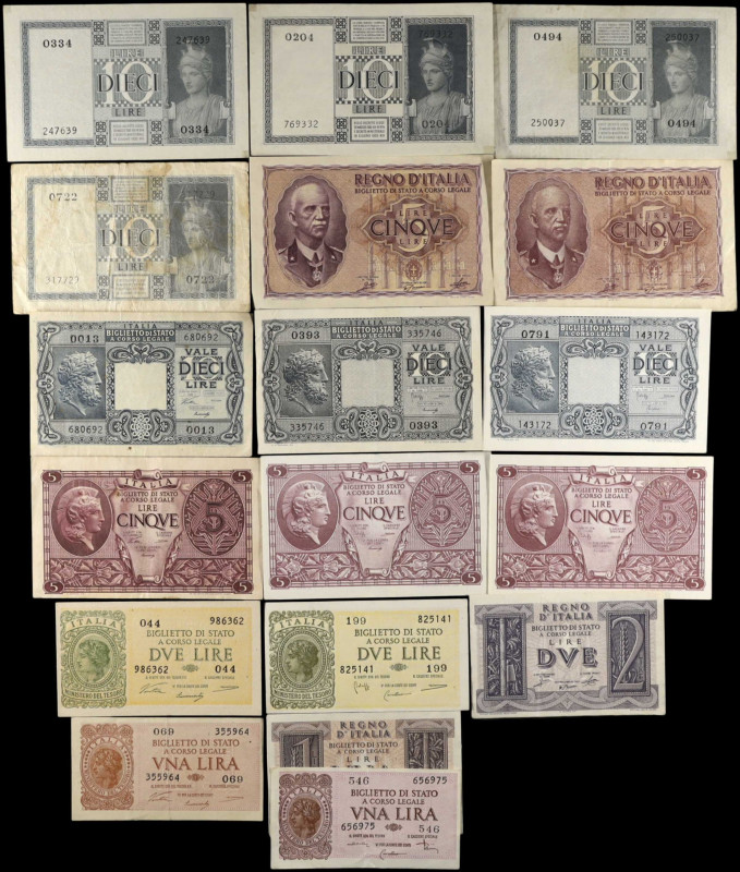 ITALY. Lot of (19). Mixed Banks. 1, 2, 5 & 10 Lire, 1935-44. P-Various. Fine to ...