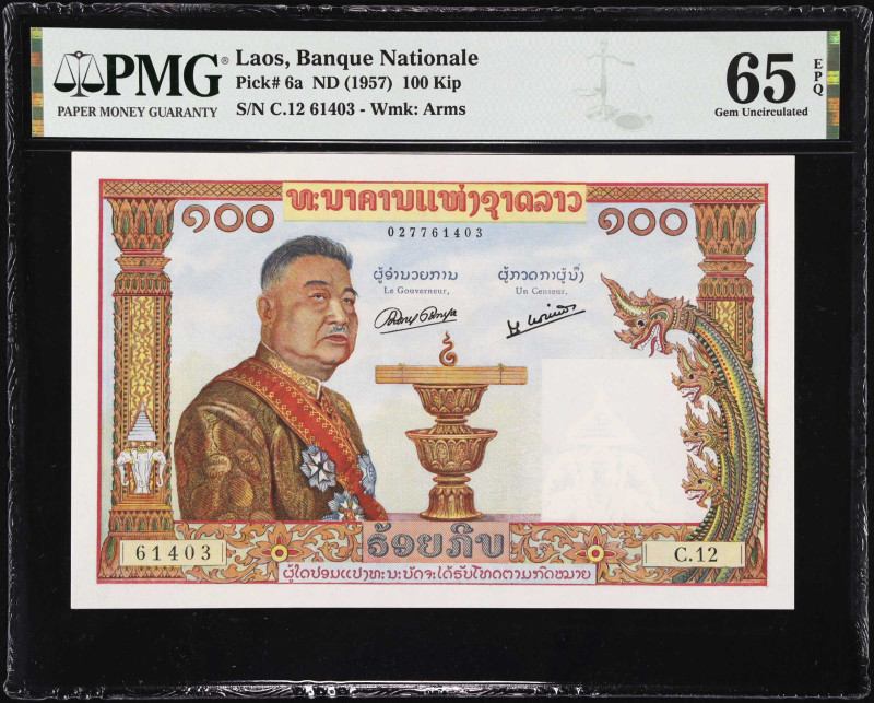 LAOS. Banque Nationale. 100 Kip, ND (1957). P-6a. PMG Gem Uncirculated 65 EPQ.
...