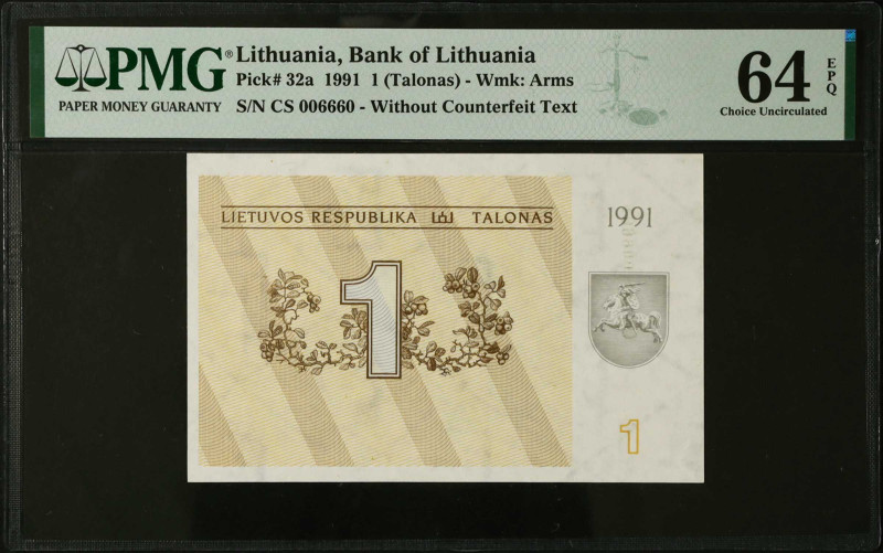 LITHUANIA. Lot of (2). Lietuvos Respublika. 1 & 3 Talonas, 1991. P-32a & 33a. PM...