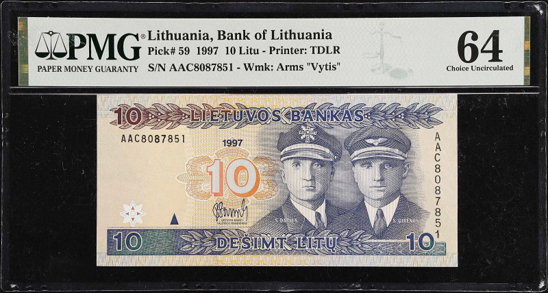 LITHUANIA. Bank of Lithuania. 10 Litu, 1997. P-59. PMG Choice Uncirculated 64.
...