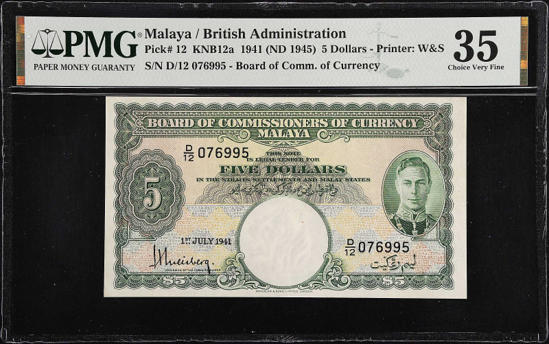 MALAYA. Board of Commissioners of Currency. 5 Dollars, 1941 ND (1945). P-12. PMG...