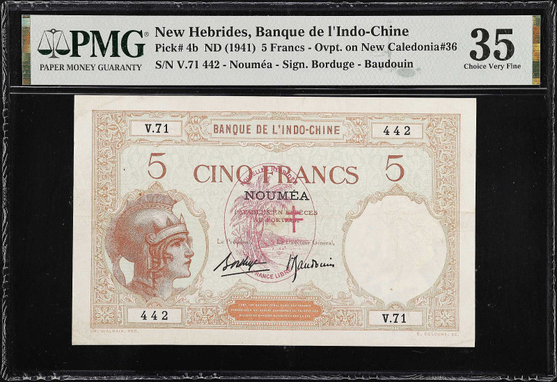 NEW HEBRIDES. Banque de L'Indo-Chine. 5 Francs, ND (1941). P-4b. PMG Choice Very...