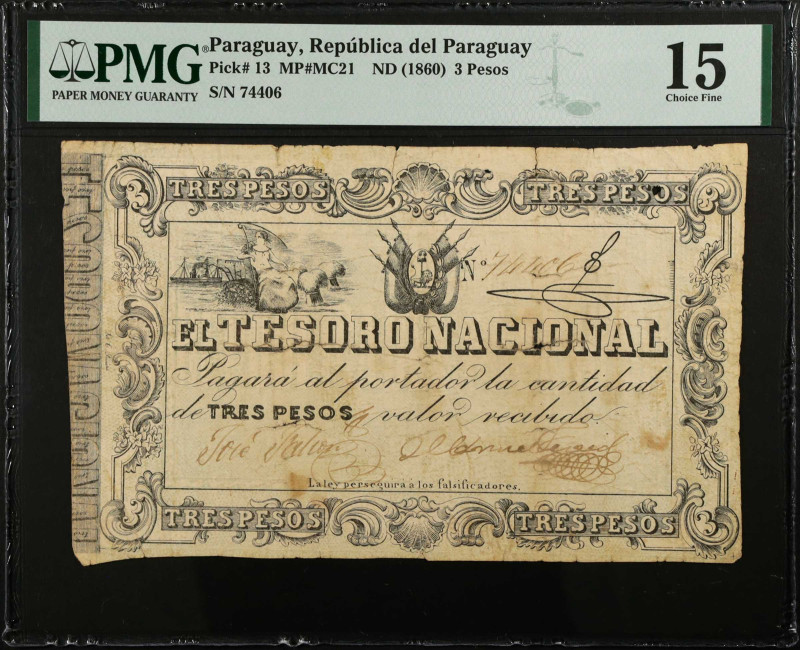 PARAGUAY. Republica del Paraguay. 3 Pesos, ND (1860). P-13. PMG Choice Fine 15....