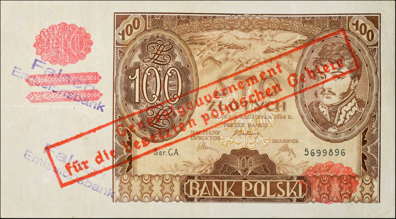 POLAND. Bank Polski. 100 Zlotych, 1934. P-75b. Very Fine.
With stamps/overprint...