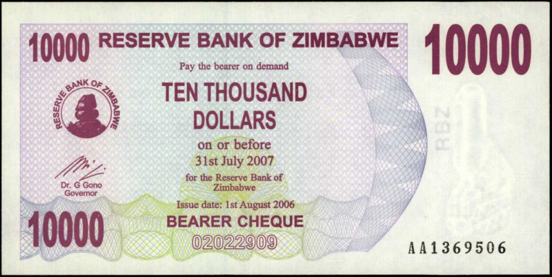 ZIMBABWE. Reserve Bank of Zimbabwe. 10,000 Dollars, 2006. P-46a. Uncirculated.
...