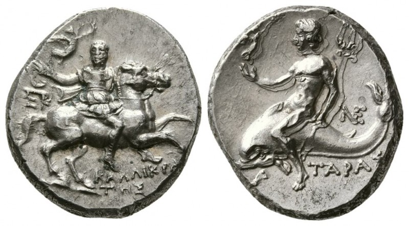Calabria. Tarentum, 240-228 BC. AR Nomos. (6.43 g, 20 mm)
 Kallikrates, magistr...