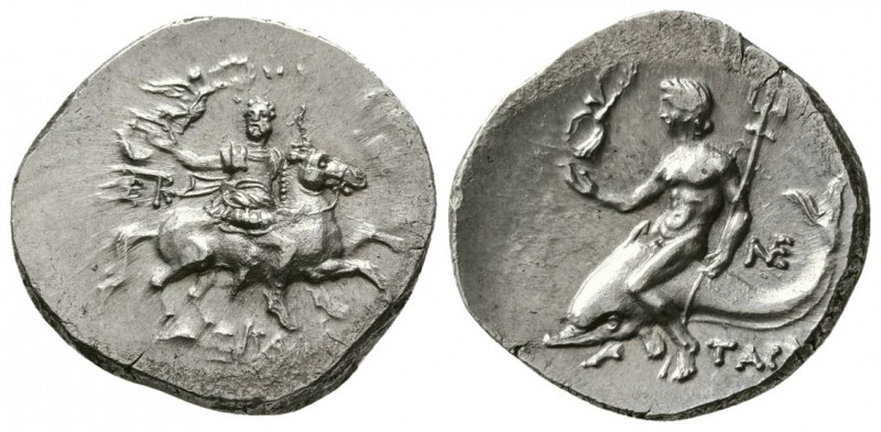Calabria. Tarentum, 240-228 BC. AR Nomos. (6.41 g, 22 mm)
Kallikrates, magistra...