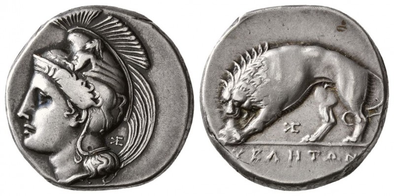 Lucania. Velia, 334-330 BC. AR Didrachm. (7.60 g, 20.70 mm)
 Head of Athena fac...