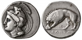 Lucania. Velia, 334-330 BC. AR Didrachm. (7.60 g, 20.70 mm)
 Head of Athena facing left, wearing a Phrygian helmet decorated with a centauress, monog...