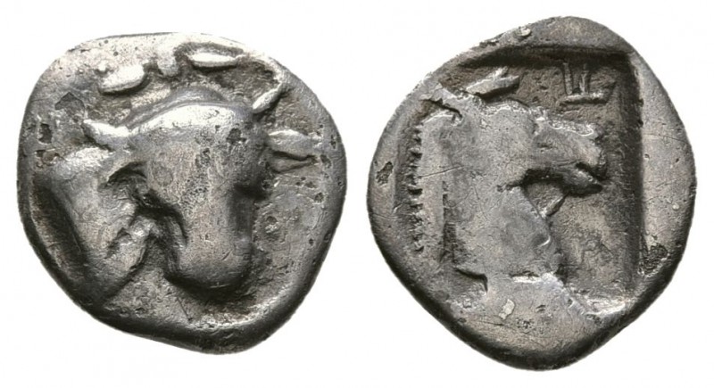 Thessaly. Perrhaebi 462-460 BC. AR Obol (0.75 g. 9.9 mm). 
 Forepart of bull ri...