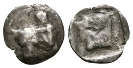 Thessaly, Larissa. . 462/1-460 BC. AR Obol (0.65 g. 9.9 mm.). 
 Head of bull facing; to right, half-length figure of athlete or hero left, grasping t...