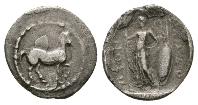 Thessaly, Pharkadon. 450-400 BC. AR Obol (0.55 g. 15.5mm).
 Horse prancing righ...