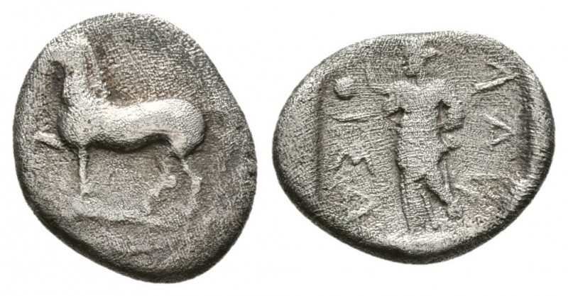 THESSALY, Larissa. 400 BC. AR Obol (0.9g 11.5mm). 
 Horse walking to left./
 A...