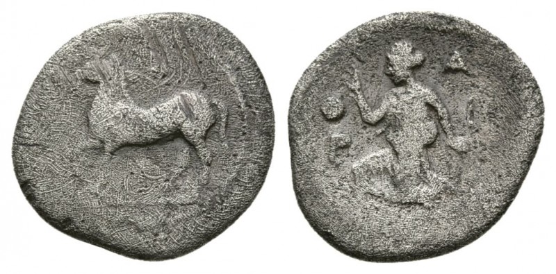 Thessaly, Larissa. 460-440 BC. AR Obol. (0.8g 11.6mm)
 Horse cantering left / ...