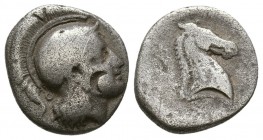THESSALY, Pharsalos. Mid-late 5th century BC. AR Hemidrachm (2.6g 14.9mm). 
 Helmeted head of Athena right, countermark / 
 Φ-A-P-Σ (partially retro...