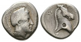 THESSALY, Pharsalos. Mid-late 5th century BC. AR Hemidrachm (2.9g 13.9mm). 
 Helmeted head of Athena right, countermark / 
 Φ-A-P-Σ (partially retro...
