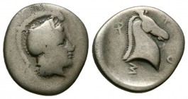 THESSALY, Pharsalos. Mid-late 5th century BC. AR Hemidrachm (2.7g 15.8mm). 
 Helmeted head of Athena right. / 
 Φ-A-P-Σ (partially retrograde), head...
