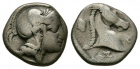 THESSALY, Pharsalos. Mid-late 5th century BC. AR Hemidrachm (2.9g 13.6mm). 
 Helmeted head of Athena right. / 
 Φ-A-P-Σ (partially retrograde), head...
