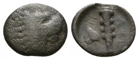 THESSALY, Herakleia Trachineia. 380-350 BC. AR Obol ( 0.63 g 10.5mm). 
 Head of lion right / 
 HPA above from right (P retrograde), club left above ...