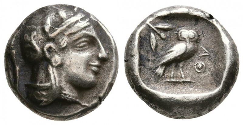 Attica, Athens. 465/2-454 BC. Drachm (4.60g, 14.80mm)
 Helmeted head of Athena ...