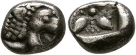 Ionia, Miletos.Circa Late 6th-early 5th century BC. AR Obol (1.1 g. 8.6 mm)
Forepart of a lion left, with head reverted /
Starlike floral pattern wi...