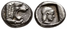 Knidos,Caria Circa. 475-460 BC. Ar Drachm (6.2g 16.45 mm)
 Forepart of lion right./
 Archaic head of Aphrodite right.
 Cahn, Knidos 41, 66 (same di...