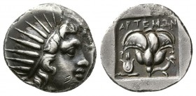 Island off Caria, Rhodos. Circa 170-150 BC. AR Drachm (3 g, 15.8 mm)
 'Plinthophoric' coinage. Artemon, magistrate.
 Radiateschiffsheck head of Heli...