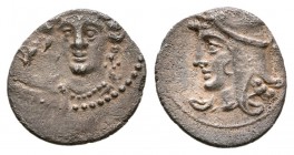 Cilicia, Uncertain mint. 4th century B.C. AR obol (0.7g 11.0mm).
 Head of Aphrodite facing slightly left, wearing ornate stephane / Head of Satrap le...