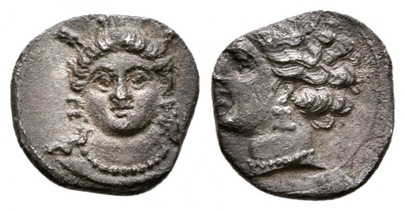 Cilicia, Uncertain mint. 4th century BC. AR Obol.(0.8g 9.4mm) 
 Female head fac...