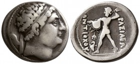 Greco-Baktrian Kingdom. Diodotos I Soter. Circa 255-235 BC. AR Tetradrachm.(15.7 g, 25.01 mm)
 In the name of Antiochos II of Syria. Mint A (near Aï ...