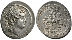 Seleucid Kingdom of Syria, Antiochos VI, Dionysos, 144 - 142 BC, AR Tetradrachm (16.47 g, 33.7 mm)
 Antiochia.
 Radiate and diademed head r./
 The ...