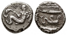 Phoenicia, Arados,Circa 410-400 BC. AR Tetrobol (3.6 g,13.7 mm)
 Uncertain king. Ba'al-Arwad swimming right, holding fish by the tail in each hand / ...