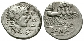 Q. Curtius and M. Sergius Silus, Rome, Circa 116-115 BC. AR Denarius (3.9 g. 19.7 mm). 
 Helmeted head of Roma r. R/ 
 Jupiter driving galloping qua...