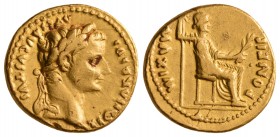 Tiberius, 14-37. AV Aureus 14/17, Lugdunum or legionary mint.(7.7 g, 17.98 mm)
 TI CAESAR DIVI AVG F AVGVSTVS Laureate bust of Tiberius right./
 PON...