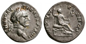 Vespasian. AD 73, AR Denarius, (3.07 g, 19 mm)
 Rome,
 IMP CAES VESP AVG CENS, laureate head right / 
 PONTIF MAXIM, Vespasian seated right on curu...