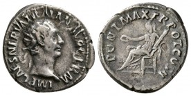 Trajan, Circa AD 98-99. AR Denarius,(3.20 g, 18.80 mm)
 IMP CAES NERVA TRAIAN AVG GERM, laureate head right /
 PONT MAX TR POT COS II, Vesta seated ...